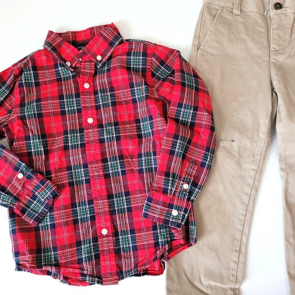 Janie and Jack 4 Red Plaid Button Down Shirt Khaki Pants Set - Picture 2 of 3